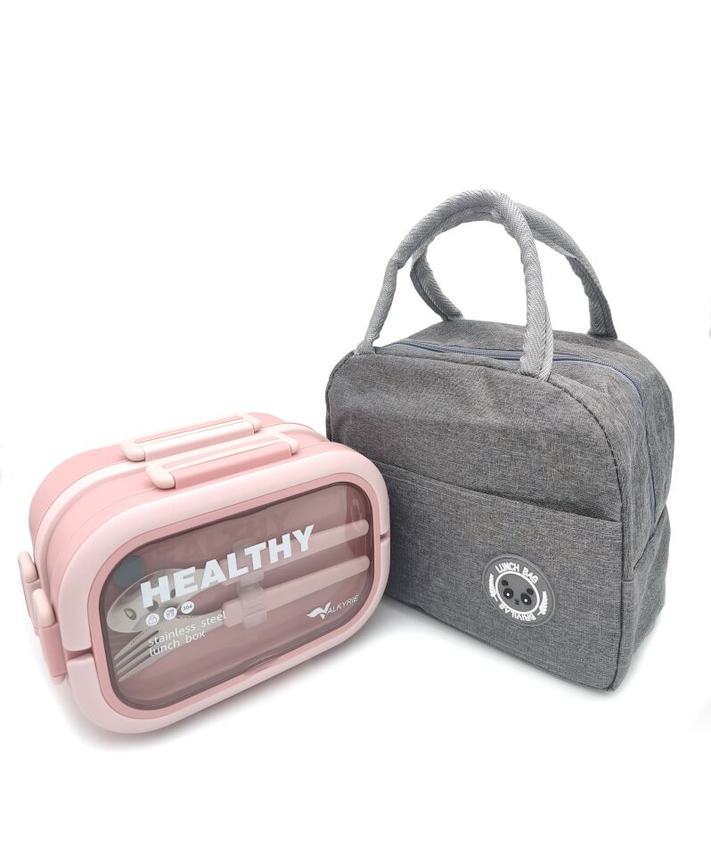 Valkyrie 304 Çelik Bölmeli Lunch Box Seti | Termal Çantalı, Bölmeli, Çatal Kaşıklı, Sızdırmaz Yemek Kabı Pembe
