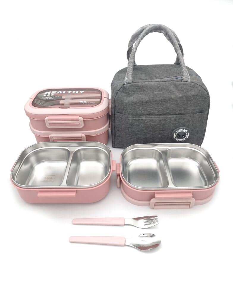 Valkyrie 304 Çelik Bölmeli Lunch Box Seti | Termal Çantalı, Bölmeli, Çatal Kaşıklı, Sızdırmaz Yemek Kabı Pembe