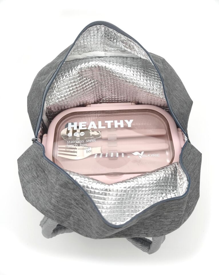 Valkyrie 304 Çelik Bölmeli Lunch Box Seti | Termal Çantalı, Bölmeli, Çatal Kaşıklı, Sızdırmaz Yemek Kabı Pembe