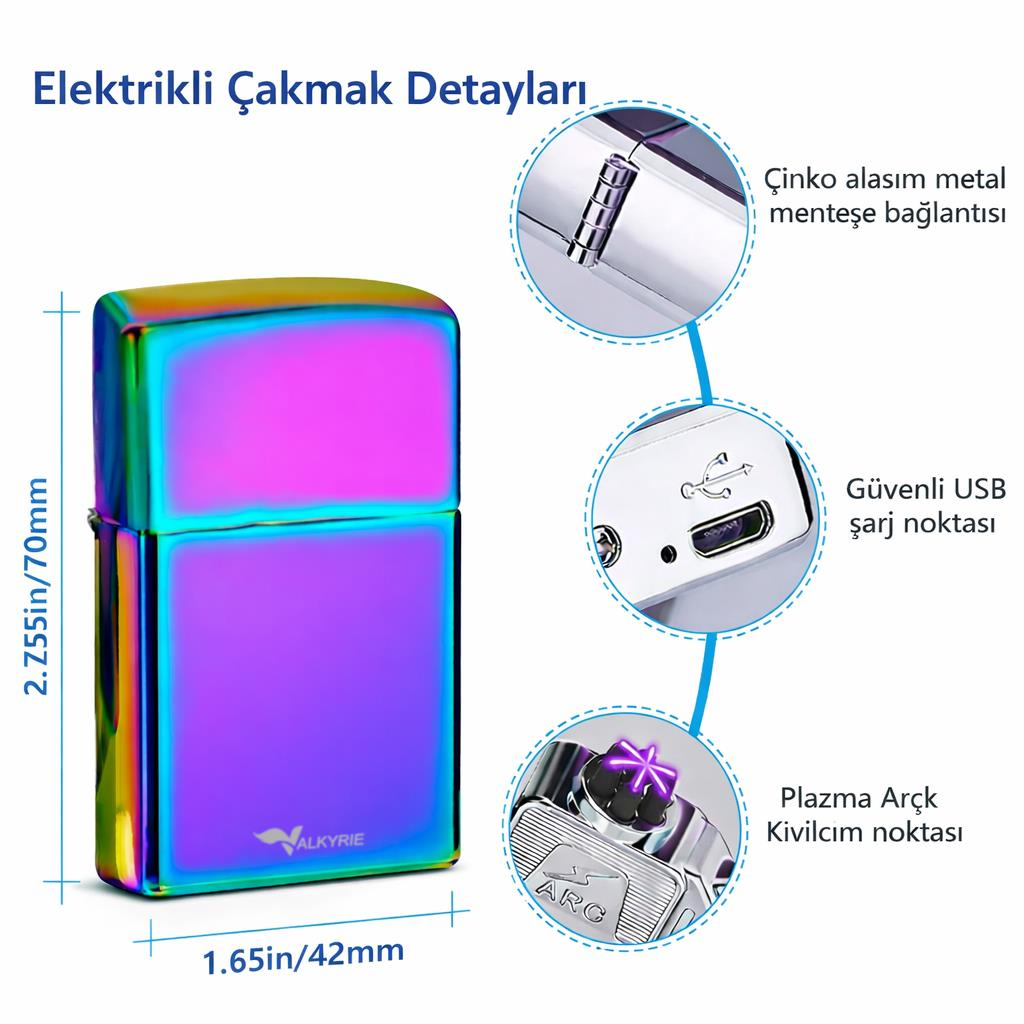 Valkyrie USB Şarjlı Elektronik Çakmak | 4 Elektrotlu X Tip Mor Arc | Rüzgar Geçirmez, Alevsiz Renkli