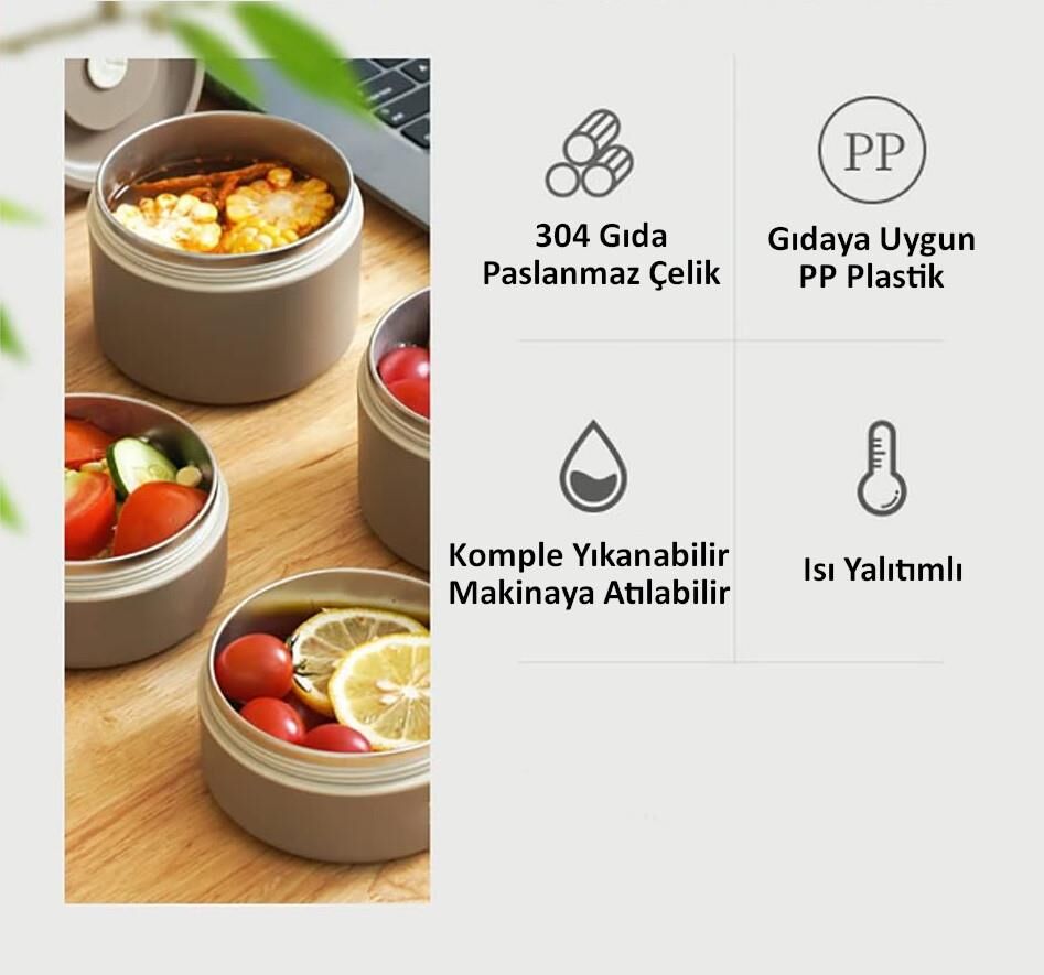 Valkyrie 3 Gözlü Paslanmaz Çelik Isı Yalıtımlı Yemek Kabı + Çatal Kaşık Bıçak Seti Çantalı 304 Steel