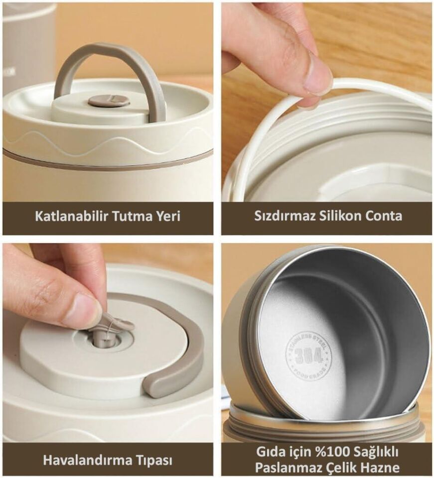 Valkyrie 3 Gözlü Paslanmaz Çelik Isı Yalıtımlı Yemek Kabı + Çatal Kaşık Bıçak Seti Çantalı 304 Steel