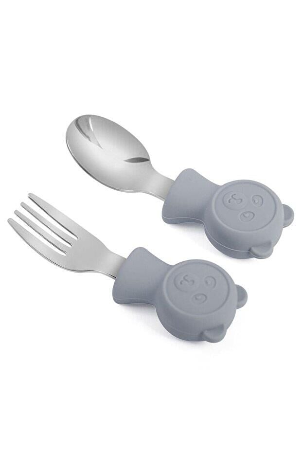 Valkyrie 304 Çelik Panda Bebek Kaşık Çatal SetiSilikon Saplı BPA İçermez Ergonomik Kaymaz Gri