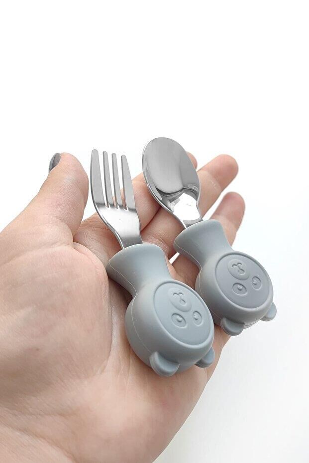 Valkyrie 304 Çelik Panda Bebek Kaşık Çatal SetiSilikon Saplı BPA İçermez Ergonomik Kaymaz Gri