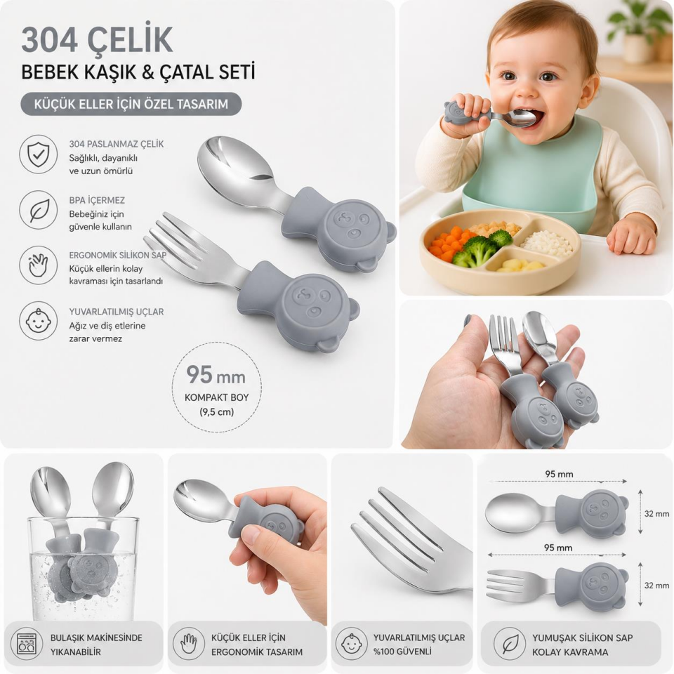 Valkyrie 304 Çelik Panda Bebek Kaşık Çatal SetiSilikon Saplı BPA İçermez Ergonomik Kaymaz Gri