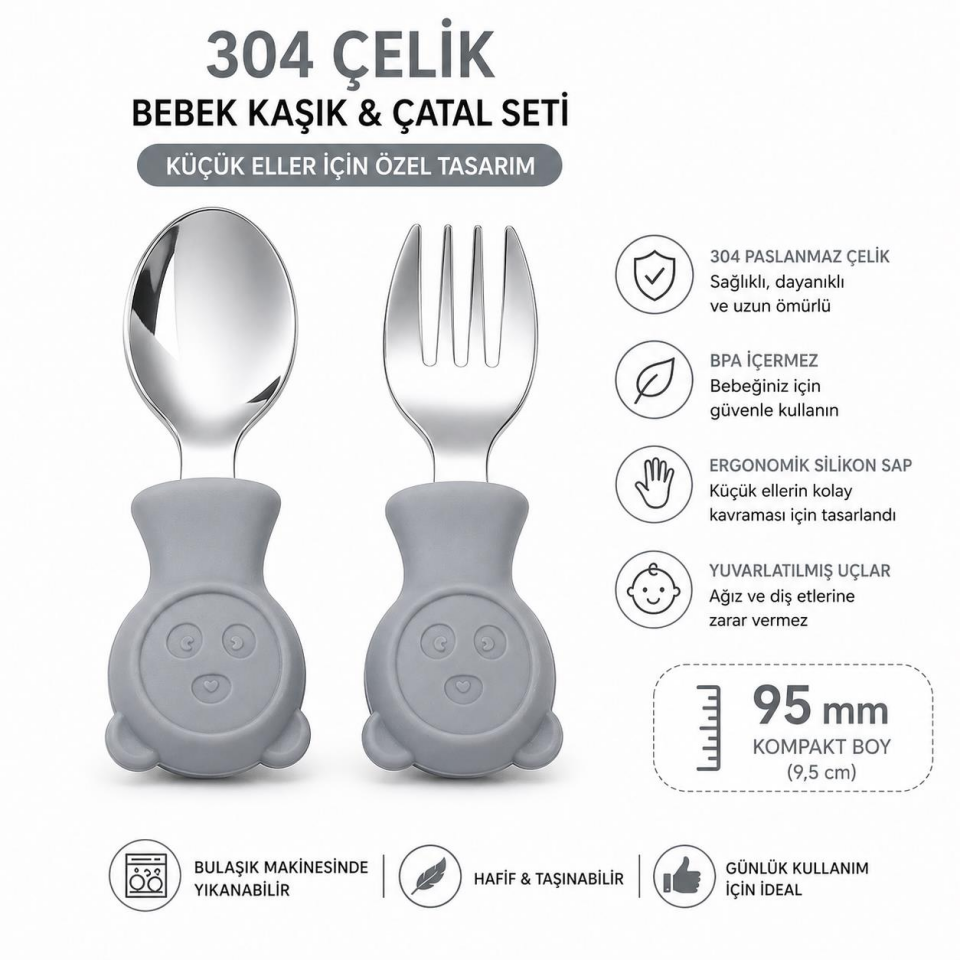 Valkyrie 304 Çelik Panda Bebek Kaşık Çatal SetiSilikon Saplı BPA İçermez Ergonomik Kaymaz Gri