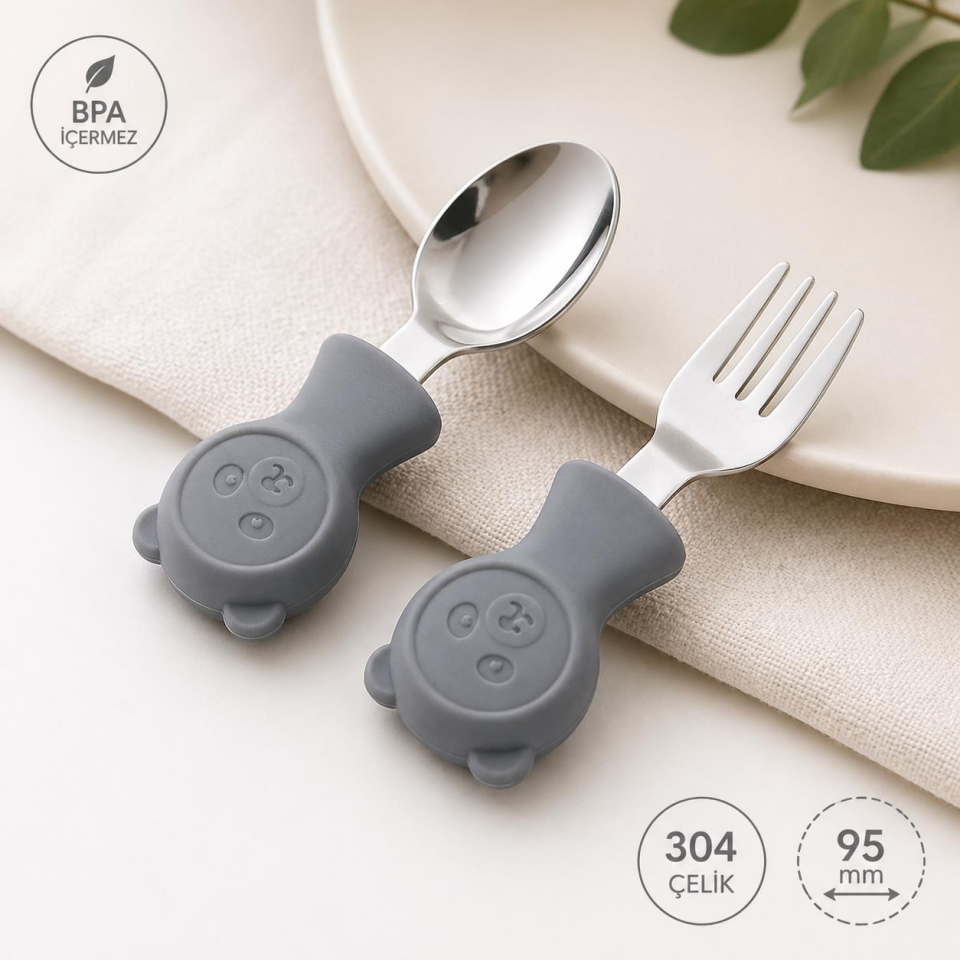 Valkyrie 304 Çelik Panda Bebek Kaşık Çatal SetiSilikon Saplı BPA İçermez Ergonomik Kaymaz Gri