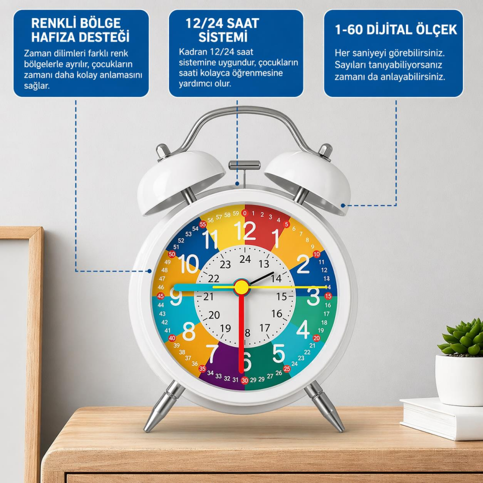 Valkyrie Eğitici Çocuk Alarm Saati | Renkli Öğretici Saat 12/24 Sistem Sessiz Mekanizma Kolay Okuma