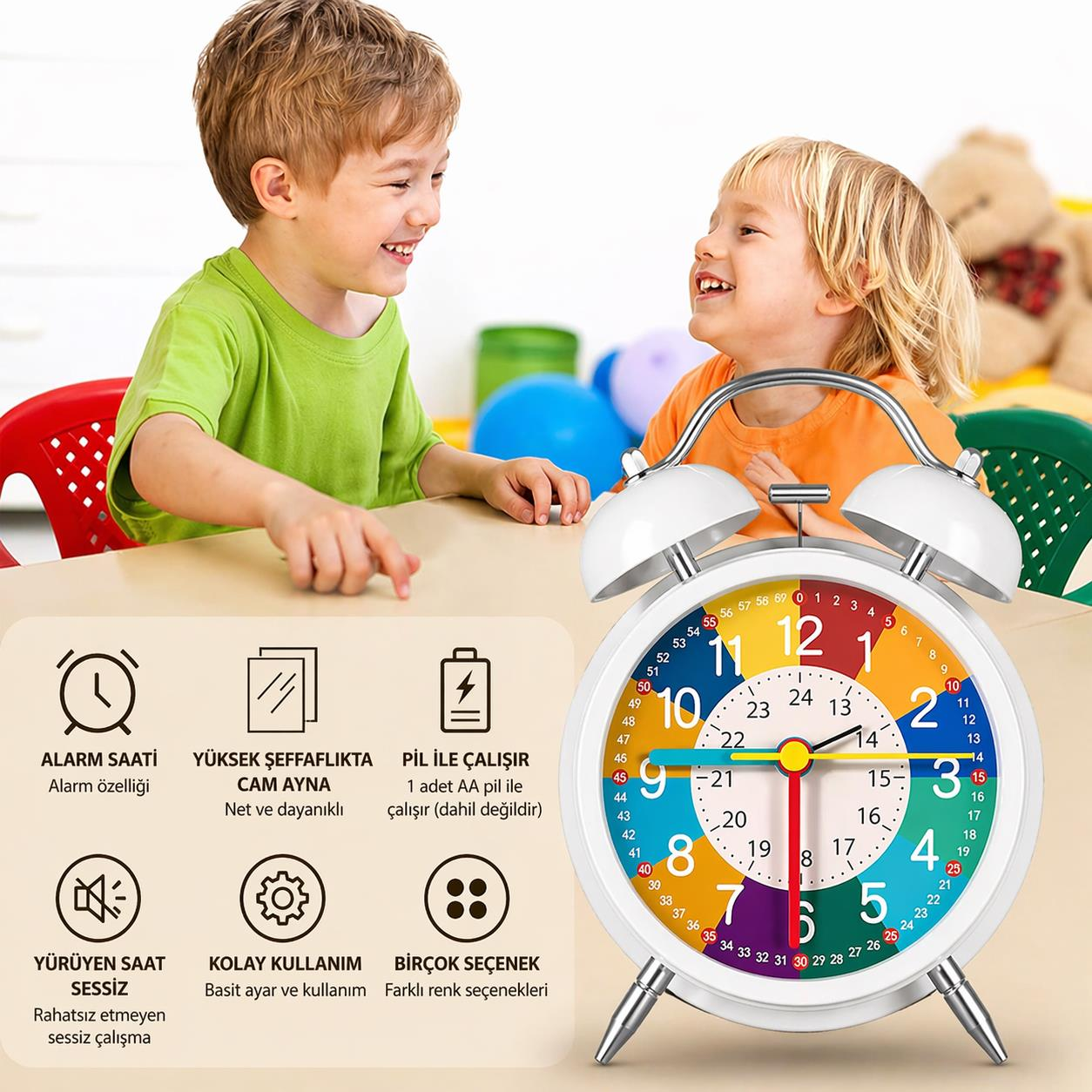 Valkyrie Eğitici Çocuk Alarm Saati | Renkli Öğretici Saat 12/24 Sistem Sessiz Mekanizma Kolay Okuma