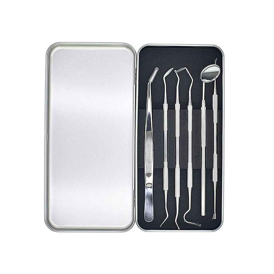 Valkyrie 6 adet Metal Kutulu Paslanmaz Çelik Diş Tartar Dil Temizleme Dental Ağız Bakım Seti