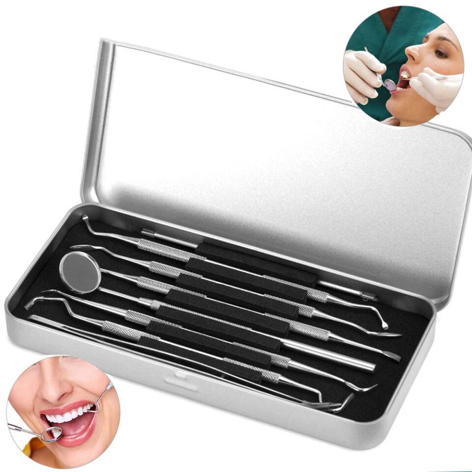 Valkyrie 6 adet Metal Kutulu Paslanmaz Çelik Diş Tartar Dil Temizleme Dental Ağız Bakım Seti