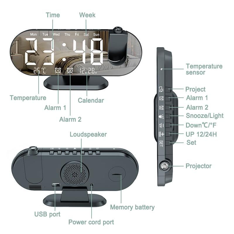 Valkyrie Projeksiyon Çift Alarm Dereceli LED Masa Saati