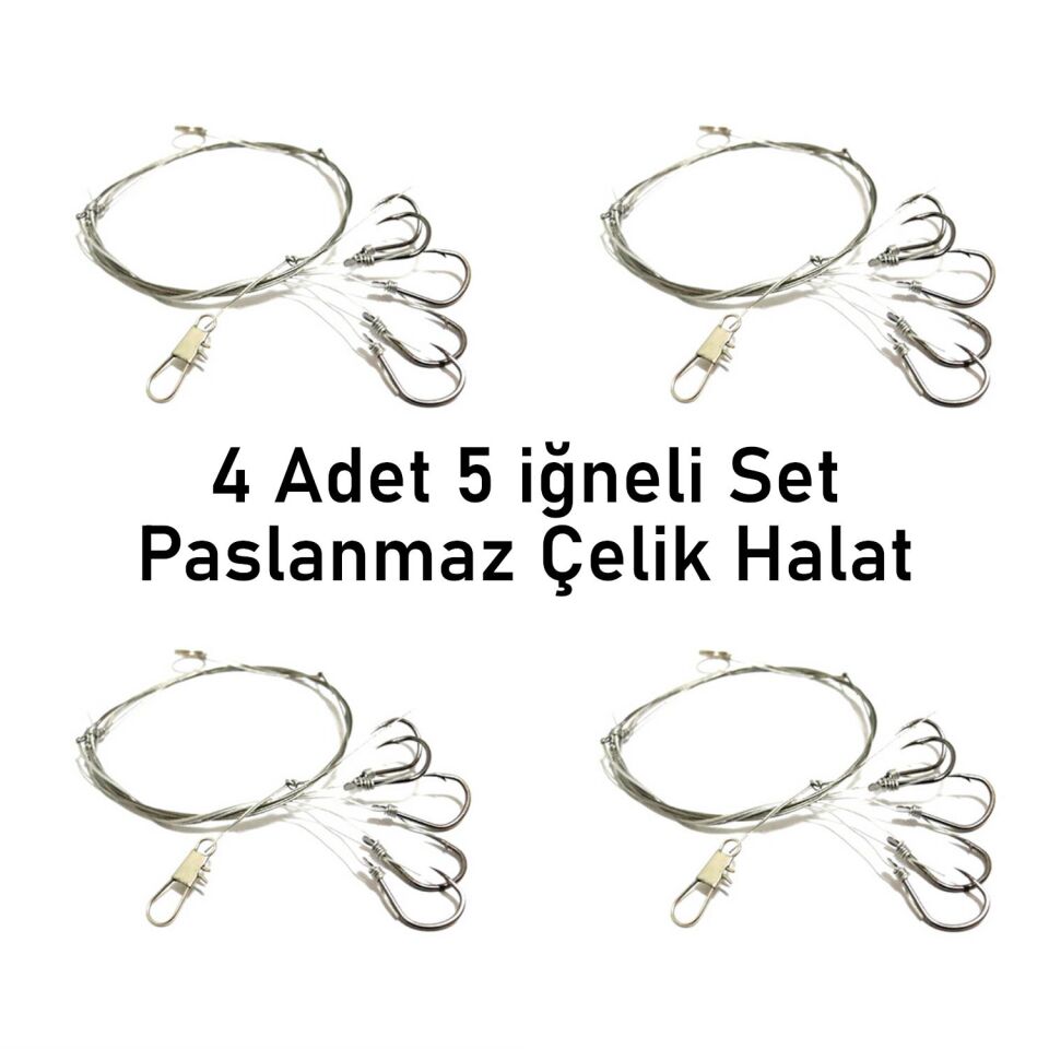 Valkyrie 5 İğneli Paslanmaz Çelik Halatlı Dip Hırsız Olta Takımı 4’lü Set 10# Karbon Çelik İğne