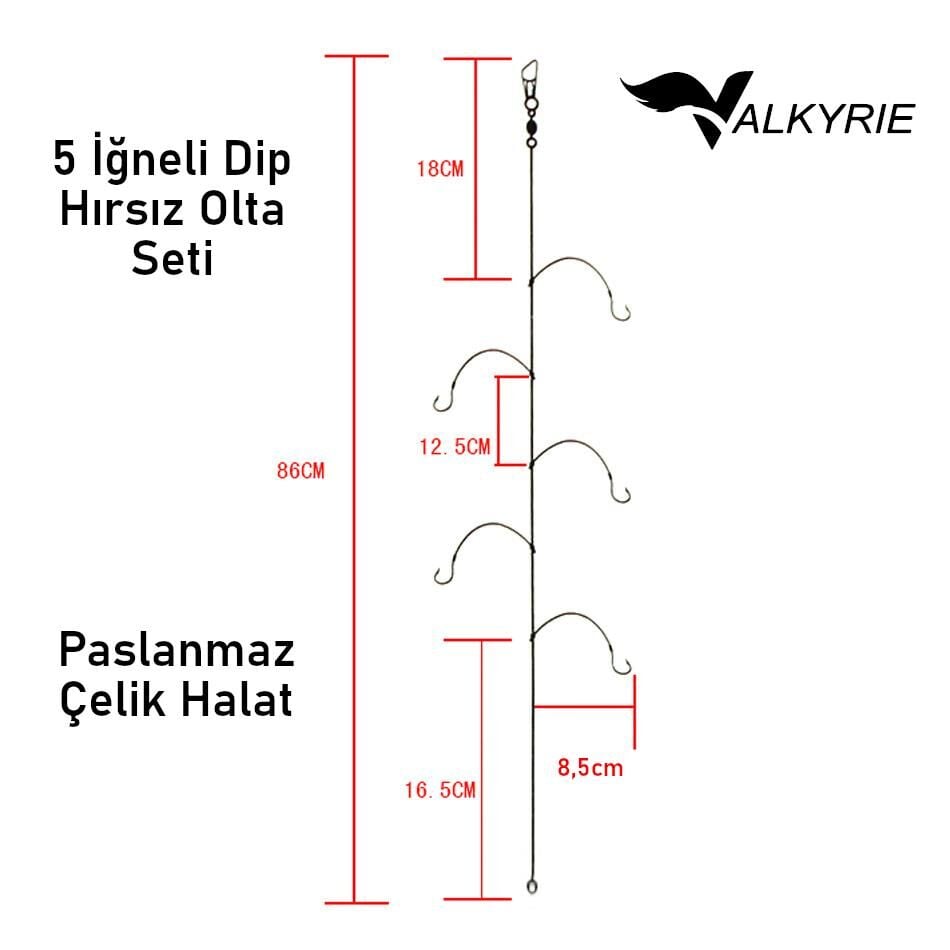 Valkyrie 5 İğneli Paslanmaz Çelik Halatlı Dip Hırsız Olta Takımı 4’lü Set 10# Karbon Çelik İğne
