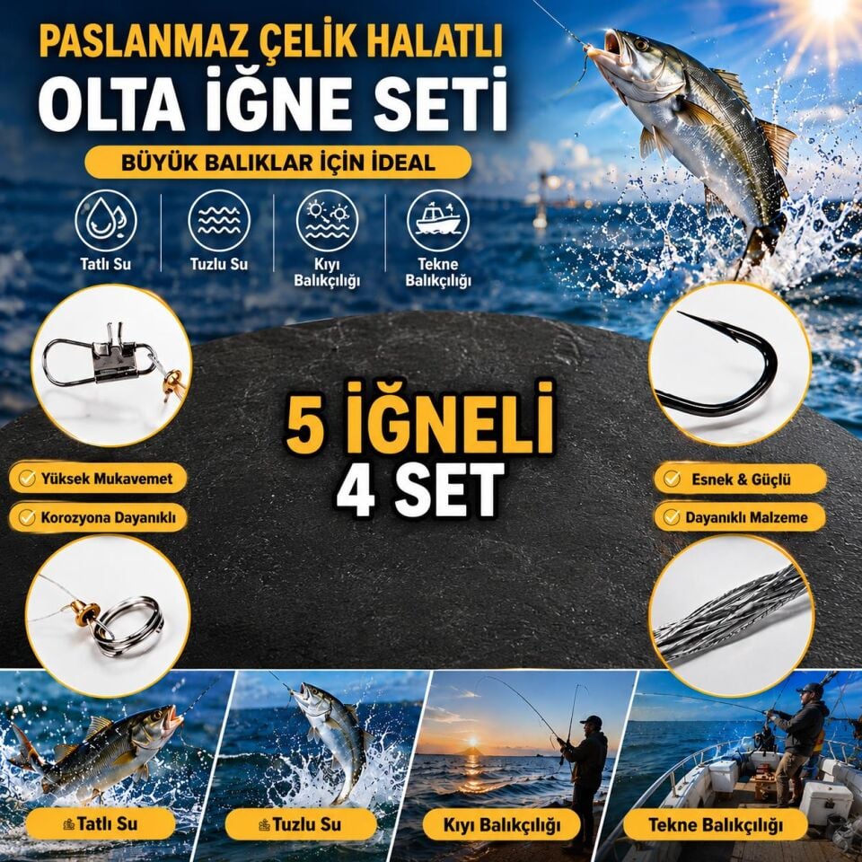 Valkyrie 5 İğneli Paslanmaz Çelik Halatlı Dip Hırsız Olta Takımı 4’lü Set 10# Karbon Çelik İğne
