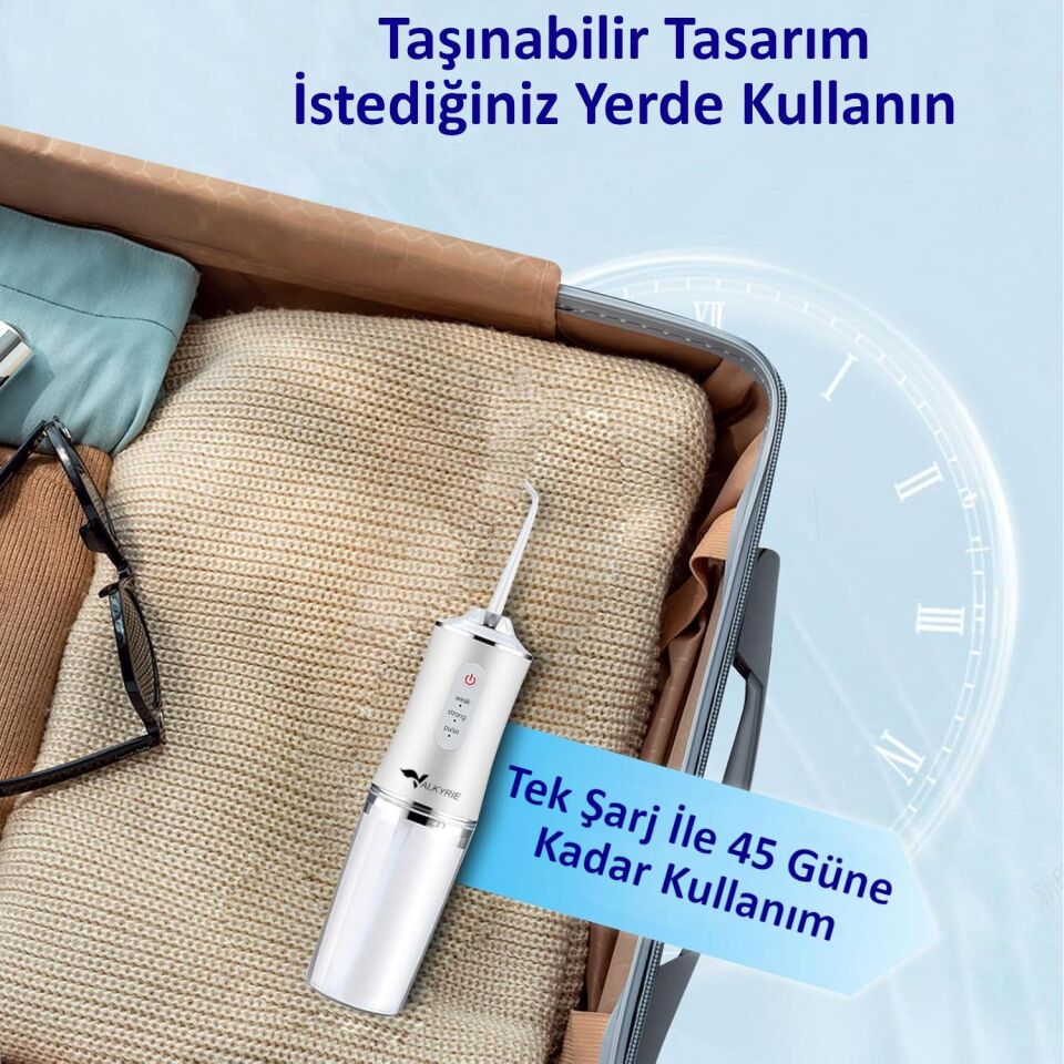 Valkyrie Şarj Edilebilir 4 Başlıklı Taşınabilir Diş Protez Bakım ve Ağız Duşu Yüksek Kapasite Beyaz