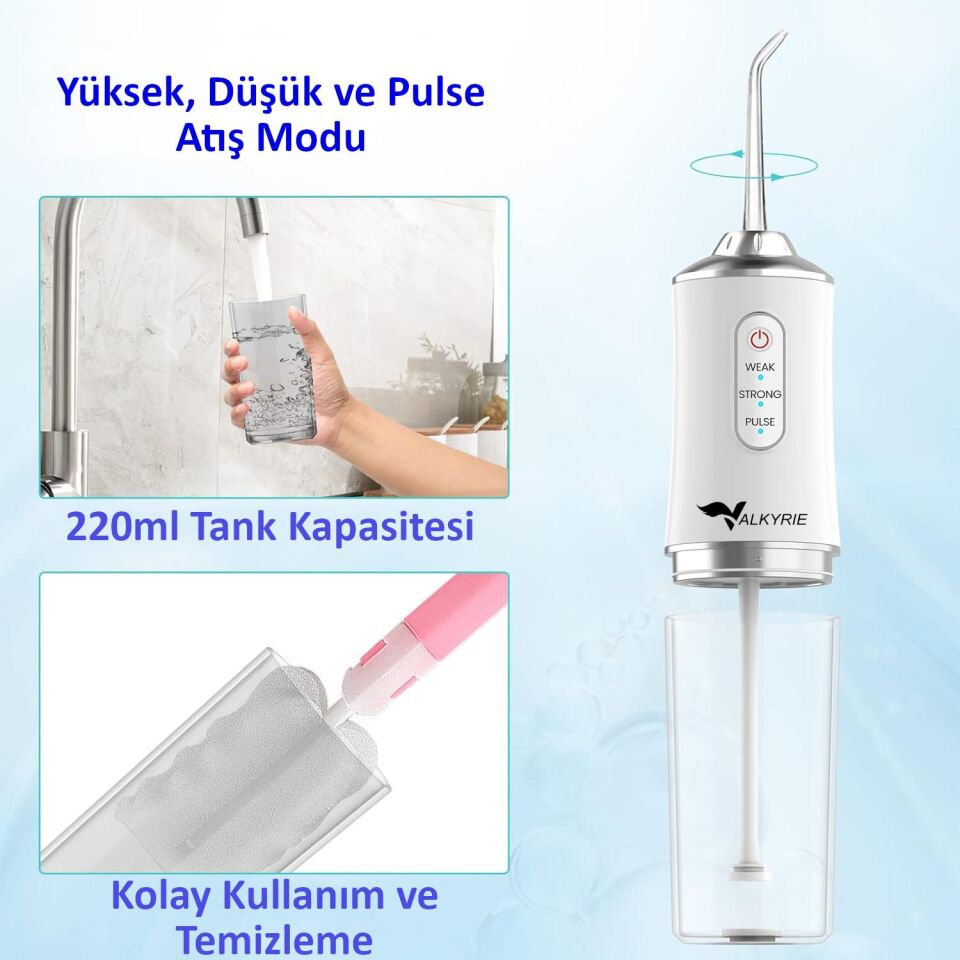 Valkyrie Şarj Edilebilir 4 Başlıklı Taşınabilir Diş Protez Bakım ve Ağız Duşu Yüksek Kapasite Beyaz