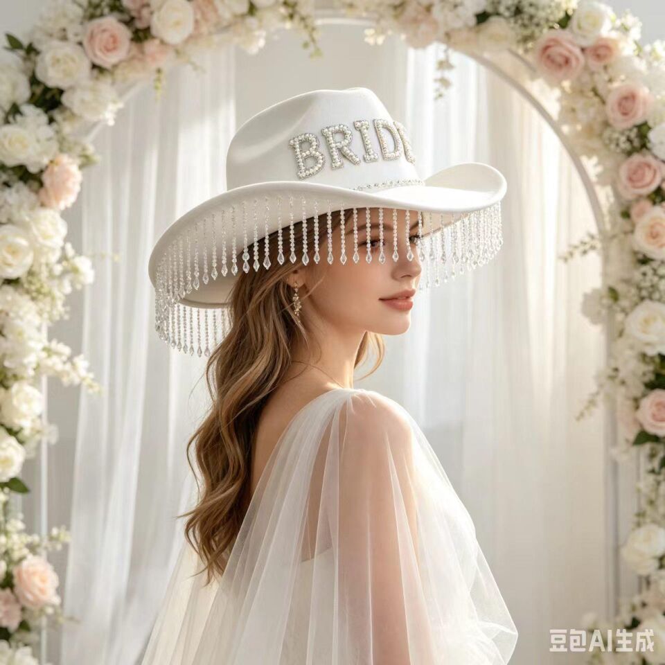 Valkyrie Bride Yazılı Beyaz Gelin Kovboy Şapkası Taşlı İncili Püsküllü Bekarlığa Veda Düğün Aksesuarı