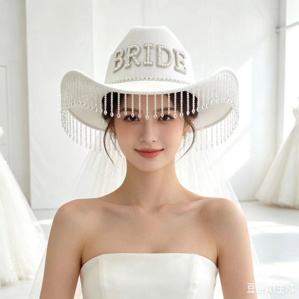 Valkyrie Bride Yazılı Beyaz Gelin Kovboy Şapkası Taşlı İncili Püsküllü Bekarlığa Veda Düğün Aksesuarı