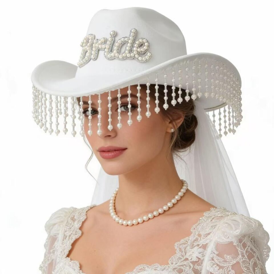Valkyrie Bride Yazılı Beyaz Gelin Kovboy Şapkası Taşlı İncili Püsküllü Bekarlığa Veda Düğün Aksesuarı