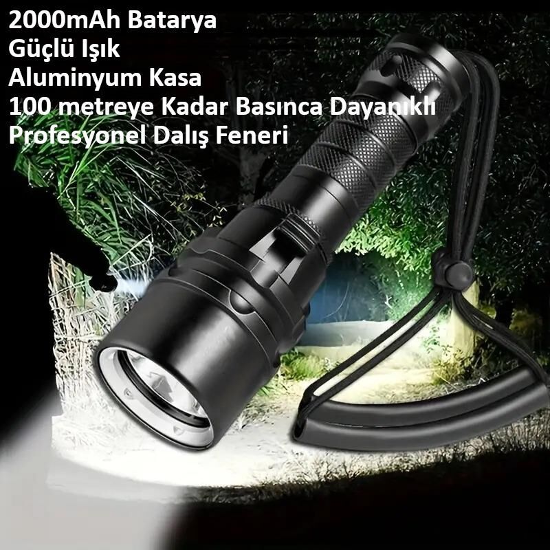 Valkyrie Şarjlı Profesyonel Su Altı Dalış Feneri Yüksek Aydınlatma Su Geçirmez Aluminyum Kasa 2000mAh Kutulu