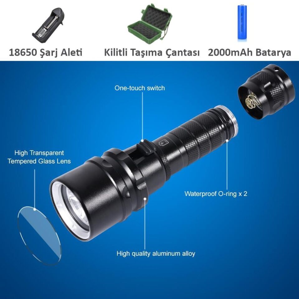 Valkyrie Şarjlı Profesyonel Su Altı Dalış Feneri Yüksek Aydınlatma Su Geçirmez Aluminyum Kasa 2000mAh Kutulu