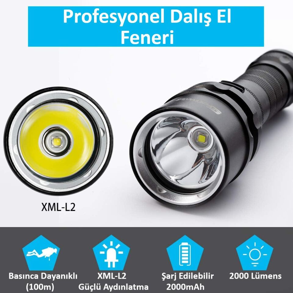 Valkyrie Şarjlı Profesyonel Su Altı Dalış Feneri Yüksek Aydınlatma Su Geçirmez Aluminyum Kasa 2000mAh Kutulu