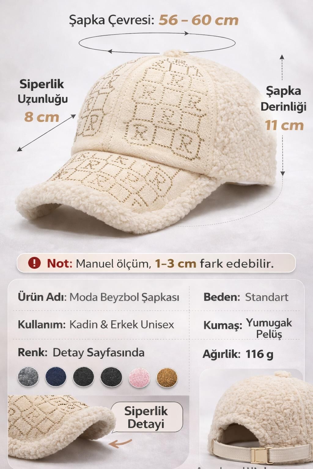 Valkyrie Peluş Şapka Kadın – Krem Renk Taş Detaylı Kışlık Şapka Ayarlanabilir Krem