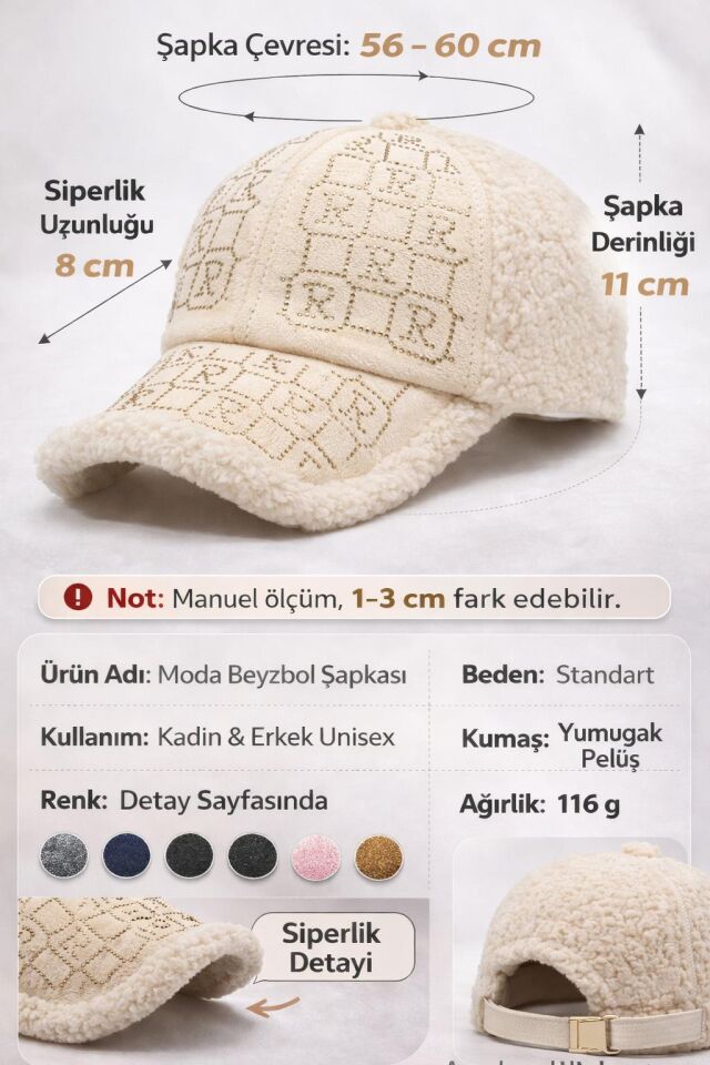 Valkyrie Peluş Şapka Kadın – Krem Renk Taş Detaylı Kışlık Şapka Ayarlanabilir Krem