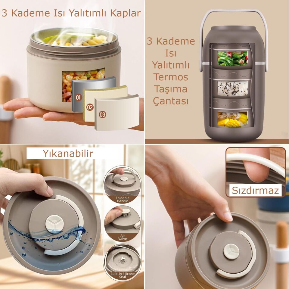 Valkyrie 3 Katmanlı Isı Yalıtımlı Termos Yemek Kabı Seti – 304 Paslanmaz Çelik, Sızdırmaz 3 Gözlü