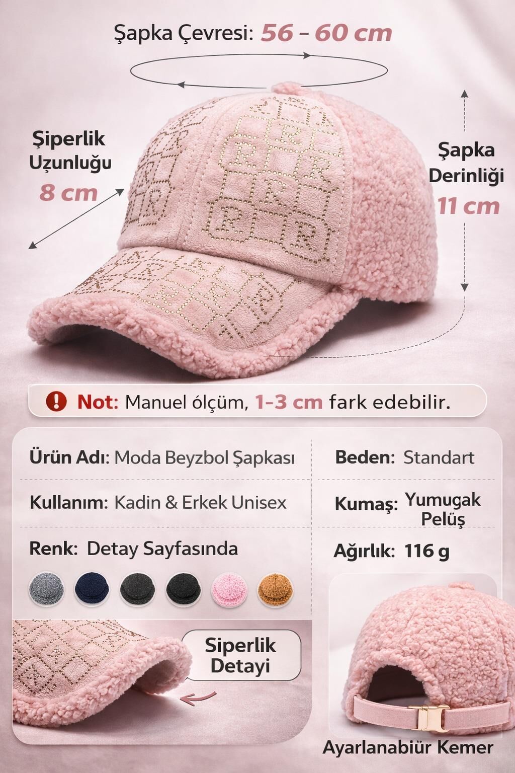 Valkyrie Peluş Şapka Kadın – Pembe Renk Taş Detaylı Kışlık Şapka Ayarlanabilir Pembe