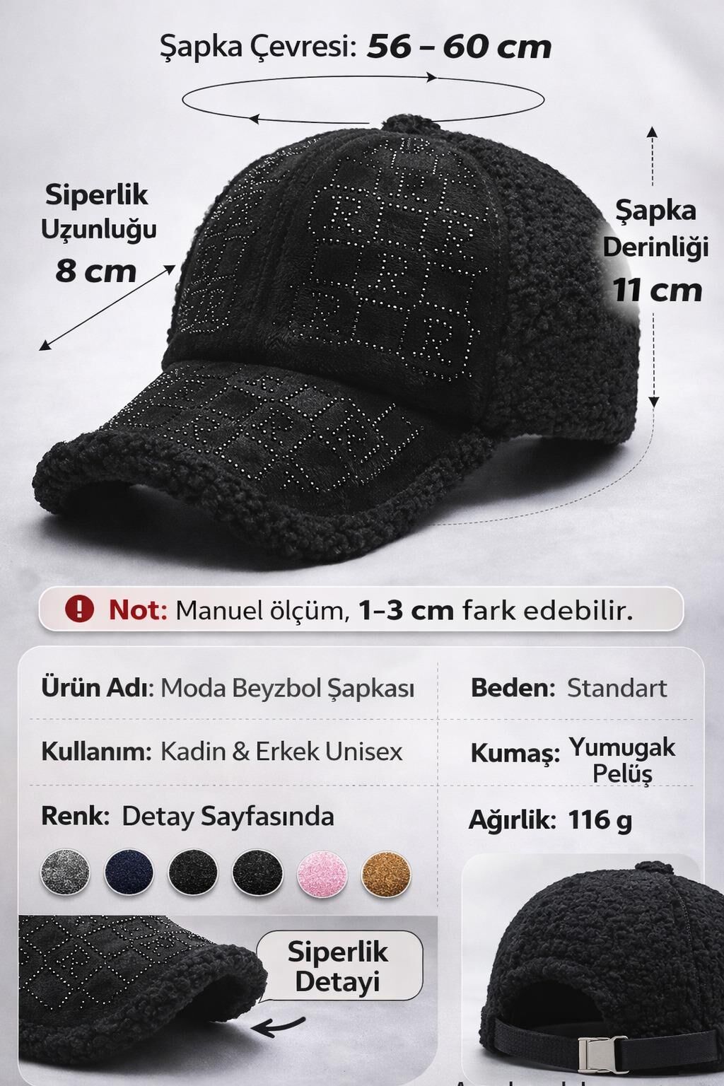 Valkyrie Peluş Şapka Kadın – Siyah Renk Taş Detaylı Kışlık Şapka Ayarlanabilir Siyah