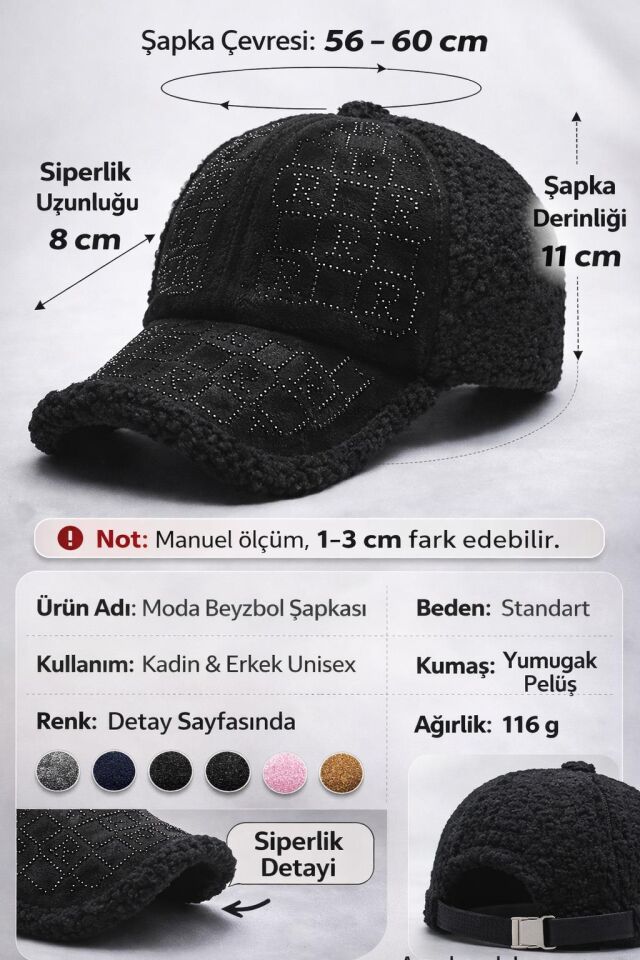 Valkyrie Peluş Şapka Kadın – Siyah Renk Taş Detaylı Kışlık Şapka Ayarlanabilir Siyah