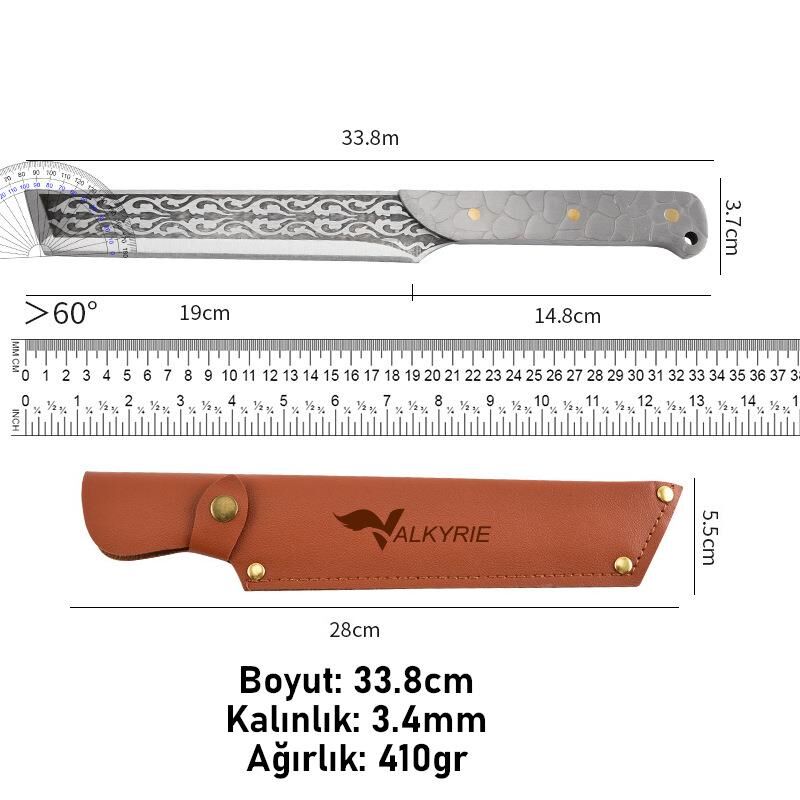 Valkyrie Paslanmaz Çelik Desenli Çok Amaçlı Mutfak ve Kamp Bıçağı – Kılıflı Dayanıklı Tasarım 33.8 cm