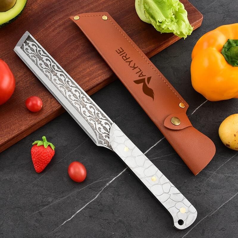 Valkyrie Paslanmaz Çelik Desenli Çok Amaçlı Mutfak ve Kamp Bıçağı – Kılıflı Dayanıklı Tasarım 33.8 cm