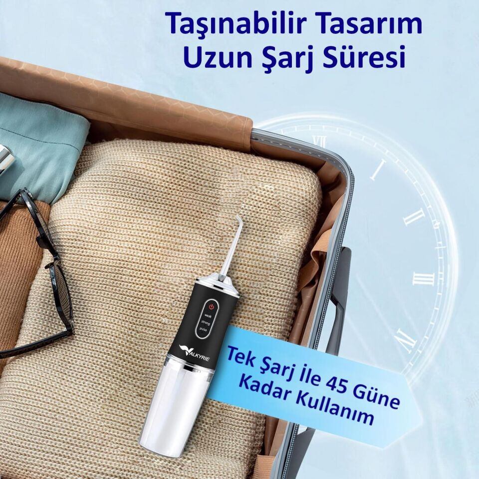 Valkyrie Şarj Edilebilir 4 Başlıklı Taşınabilir Diş Protez Bakım ve Ağız Duşu Yüksek Kapasite Siyah