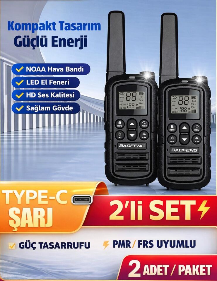 Valkyrie PMR Baofeng 2’li El Telsizi Seti – Lisanssız Kullanım, 22 Kanal, LED Fenerli, USB-C Şarj