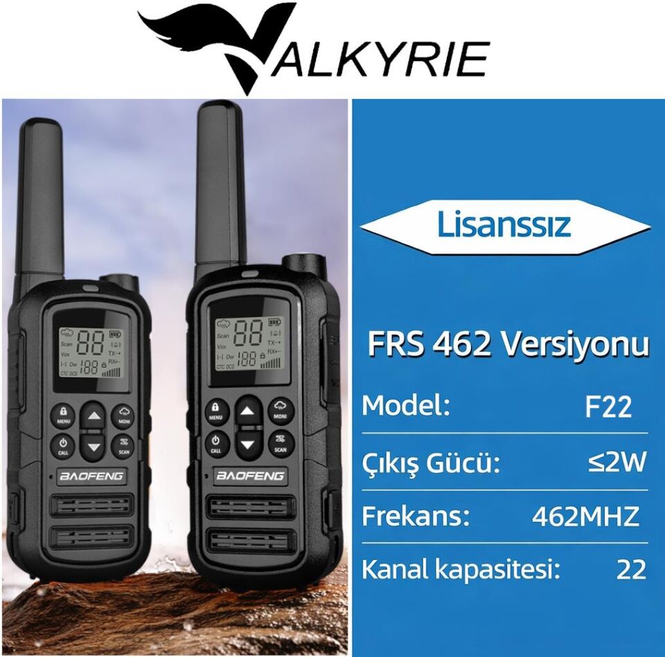 Valkyrie PMR Baofeng 2’li El Telsizi Seti – Lisanssız Kullanım, 22 Kanal, LED Fenerli, USB-C Şarj