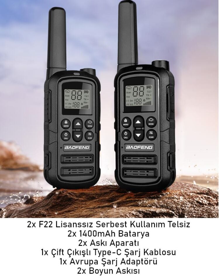 Valkyrie PMR Baofeng 2’li El Telsizi Seti – Lisanssız Kullanım, 22 Kanal, LED Fenerli, USB-C Şarj