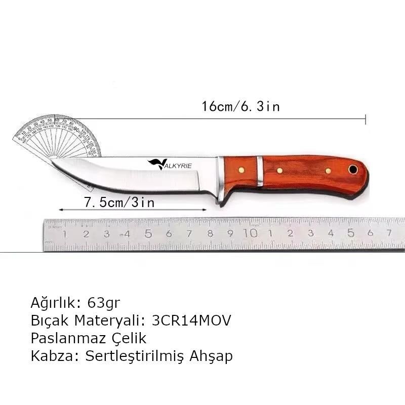Valkyrie 3CR14MOV Paslanmaz Çelik Av Bıçağı – Ahşap Saplı, Kılıflı Kamp ve Outdoor Bıçağı Kırmızı