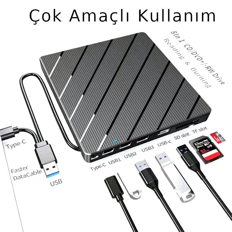 Valkyrie Harici CD DVD Okuma Yazma USB 3.0 Hub Çok Amaçlı External Drive TF SD Kart Okuyucu 8in1