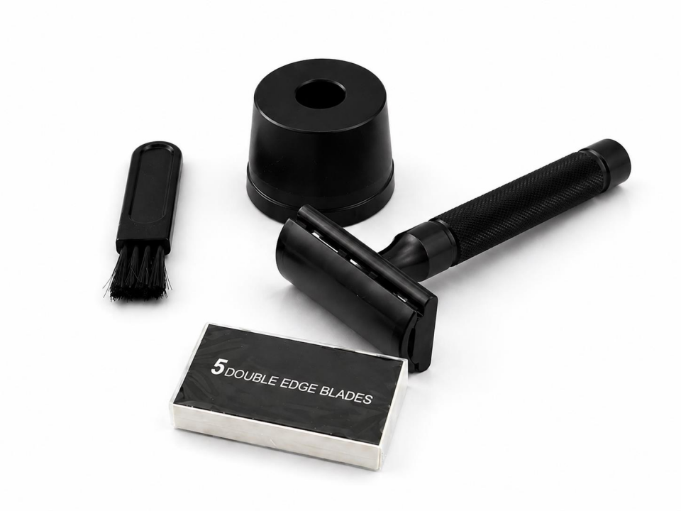 Valkyrie Siyah Metal Tıraş Seti – Double Edge Klasik Tıraş Aleti + Yedek Jilet + Fırça + Stand