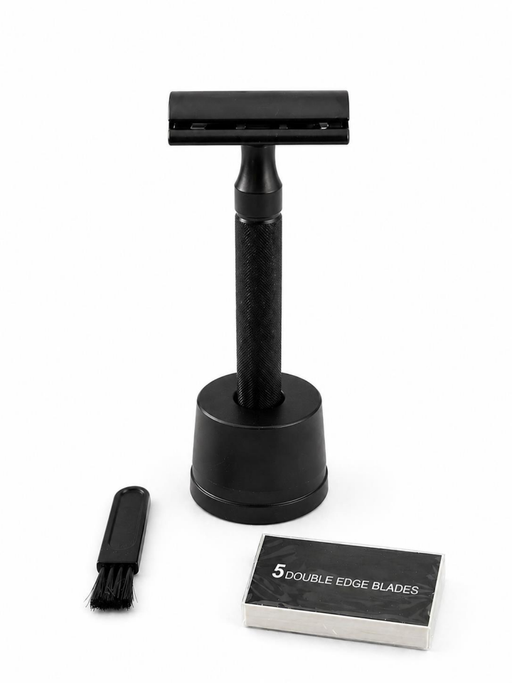 Valkyrie Siyah Metal Tıraş Seti – Double Edge Klasik Tıraş Aleti + Yedek Jilet + Fırça + Stand
