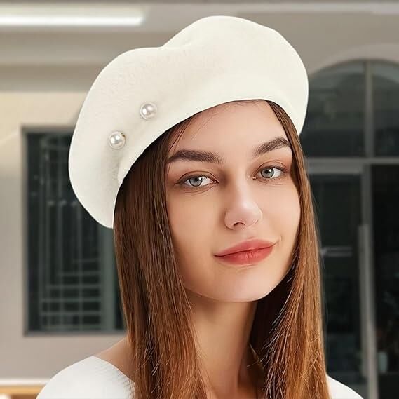 Kadın İnci Detaylı Ressam Şapka Yumuşak Dokulu Fransız Bere Şık Kışlık Şapka Beyaz