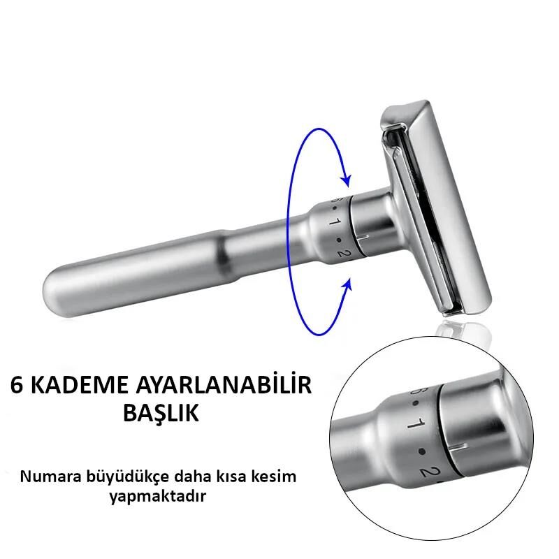 Valkyrie Metal Ayarlanabilir Manuel Geleneksel Tıraş Aleti Makinası 5 Jilet 6 Kademe Gümüş