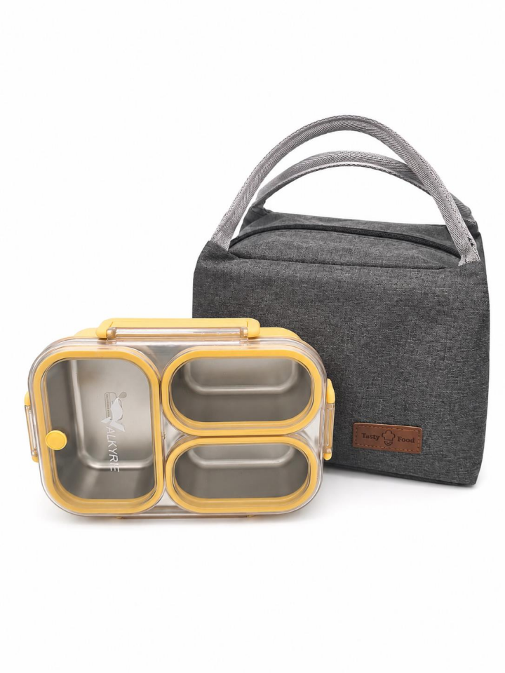 Valkyrie 304 Paslanmaz Çelik 3 Bölmeli Sarı  Lunch Box Termal Çantalı – Sızdırmaz Kapaklı Beslenme Kabı,