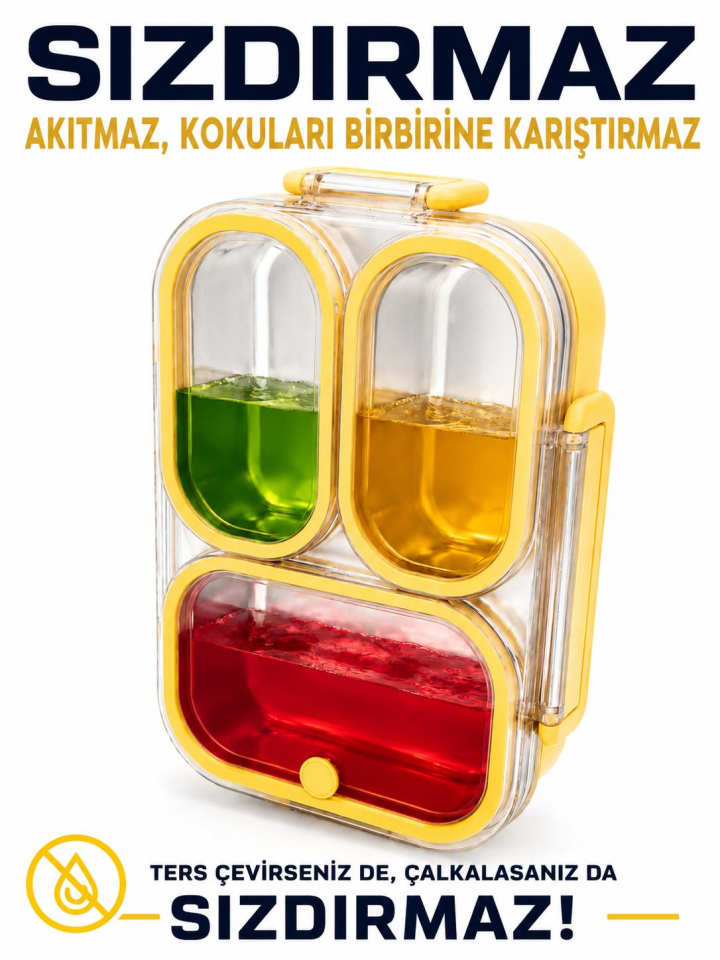 Valkyrie 304 Paslanmaz Çelik 3 Bölmeli Sarı  Lunch Box Termal Çantalı – Sızdırmaz Kapaklı Beslenme Kabı,