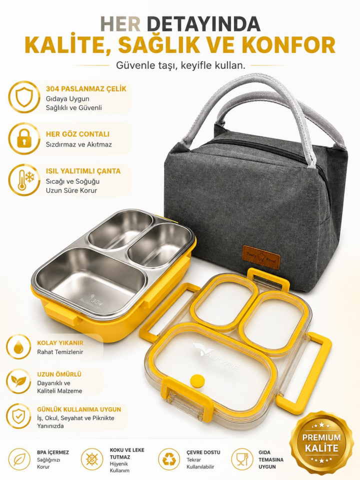 Valkyrie 304 Paslanmaz Çelik 3 Bölmeli Sarı  Lunch Box Termal Çantalı – Sızdırmaz Kapaklı Beslenme Kabı,