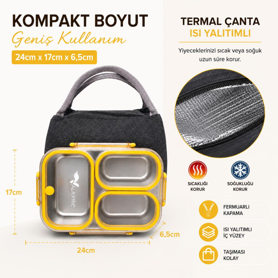 Valkyrie 304 Paslanmaz Çelik 3 Bölmeli Sarı  Lunch Box Termal Çantalı – Sızdırmaz Kapaklı Beslenme Kabı,