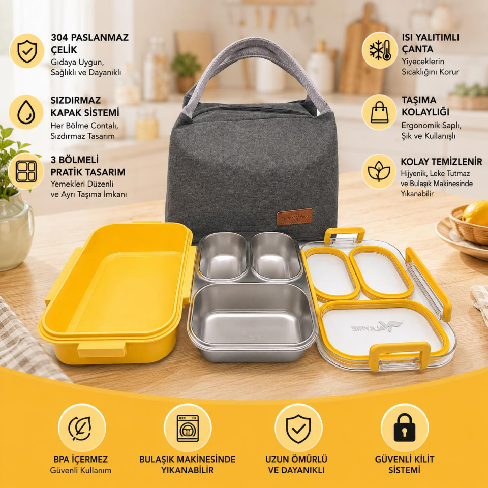 Valkyrie 304 Paslanmaz Çelik 3 Bölmeli Sarı  Lunch Box Termal Çantalı – Sızdırmaz Kapaklı Beslenme Kabı,